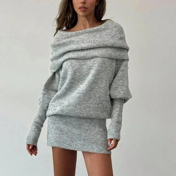 Dark Grey Casual Women's Y2k Style Long Sleeve Off-Shoulder Sweater Dress - Picture 3 of 9